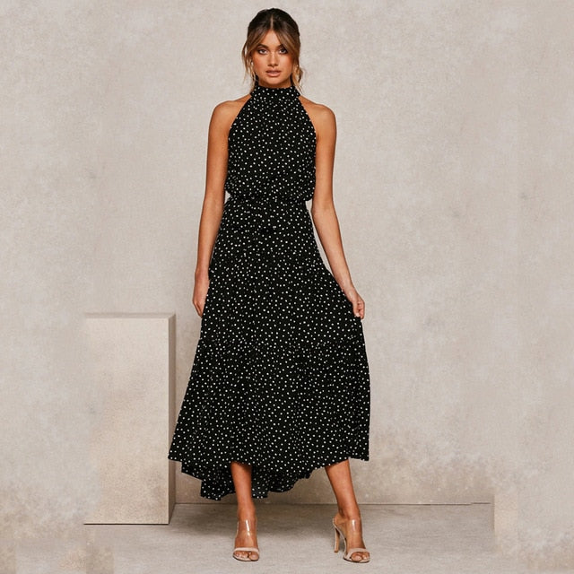 Summer Long Polka Dot Casual Sexy Halter Strapless Yellow Sundress