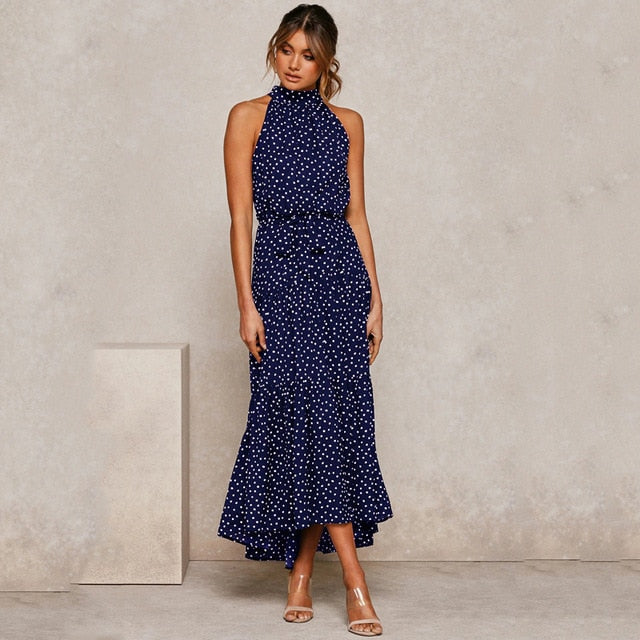 Summer Long Polka Dot Casual Sexy Halter Strapless Yellow Sundress