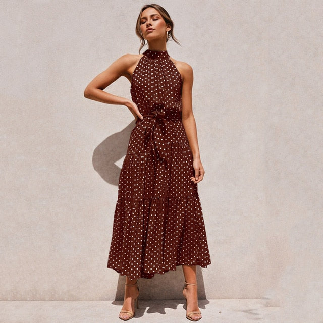 Summer Long Polka Dot Casual Sexy Halter Strapless Yellow Sundress