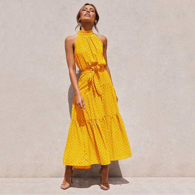 Summer Long Polka Dot Casual Sexy Halter Strapless Yellow Sundress