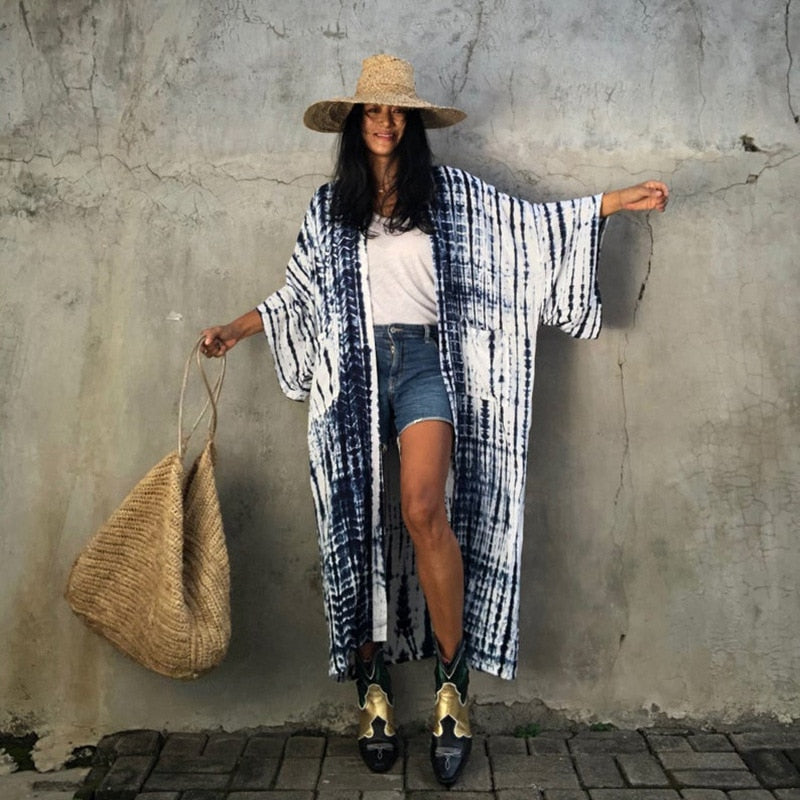 2021 New Boho Print Front Open Long Kimono Sexy Summer Beach Wear Cardigan Robe Tunic