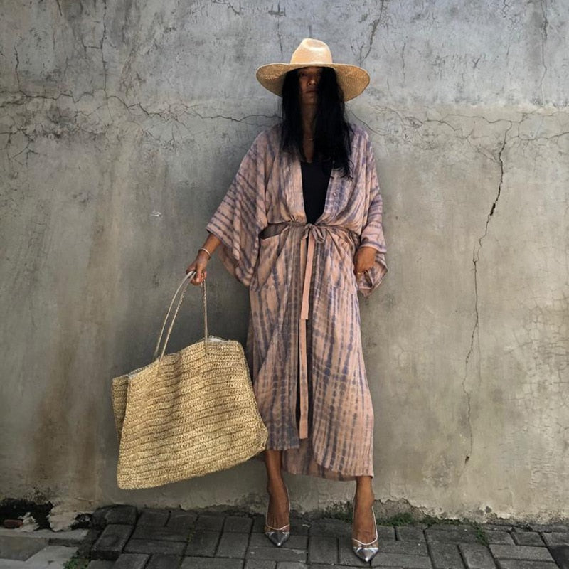 2021 New Boho Print Front Open Long Kimono Sexy Summer Beach Wear Cardigan Robe Tunic