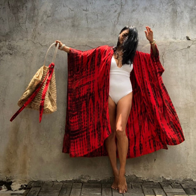 2021 New Boho Print Front Open Long Kimono Sexy Summer Beach Wear Cardigan Robe Tunic