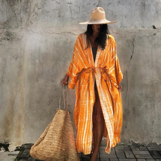 2021 New Boho Print Front Open Long Kimono Sexy Summer Beach Wear Cardigan Robe Tunic