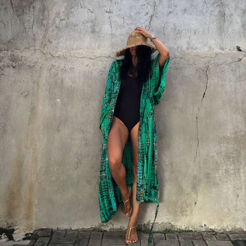 2021 New Boho Print Front Open Long Kimono Sexy Summer Beach Wear Cardigan Robe Tunic
