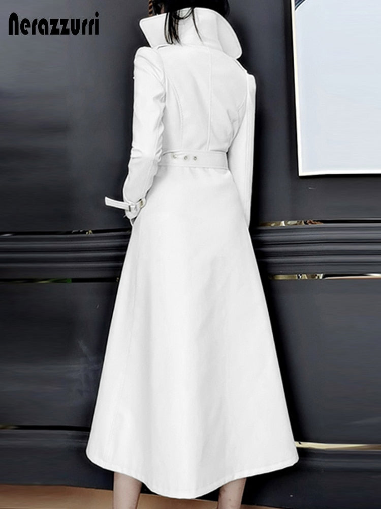 Spring Runway White Long Leather Trench Long Sleeve Elegant Luxury fashion Coats