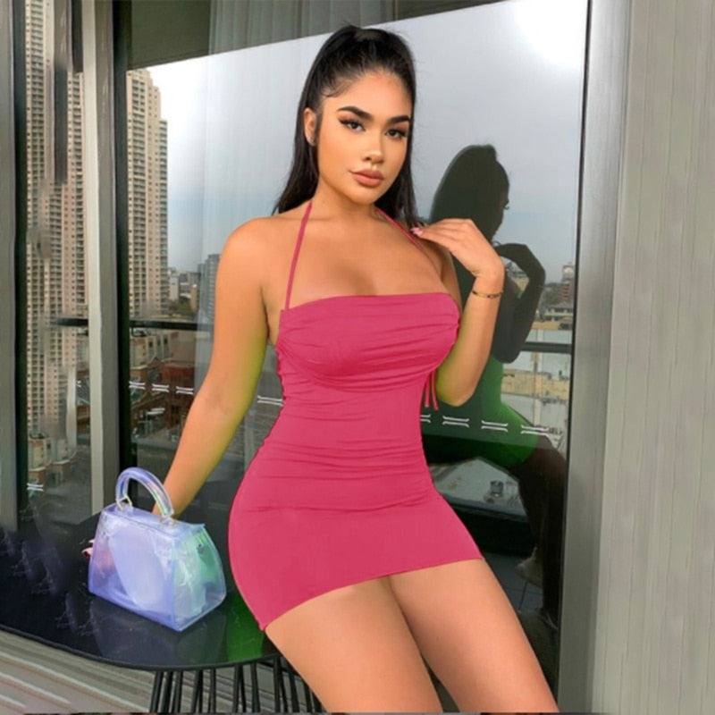 Sexy Woman Solid Color Slim Fit Party Club Dress in White Black Orange Green
