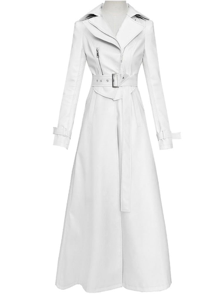 Spring Runway White Long Leather Trench Long Sleeve Elegant Luxury fashion Coats