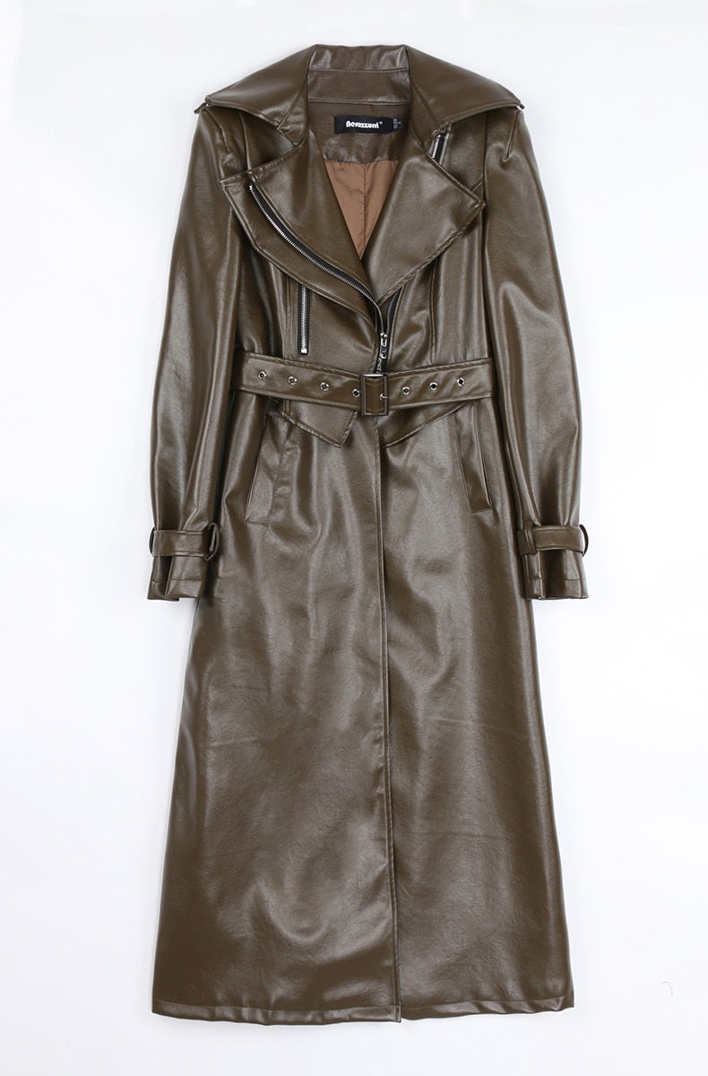Spring Runway White Long Leather Trench Long Sleeve Elegant Luxury fashion Coats
