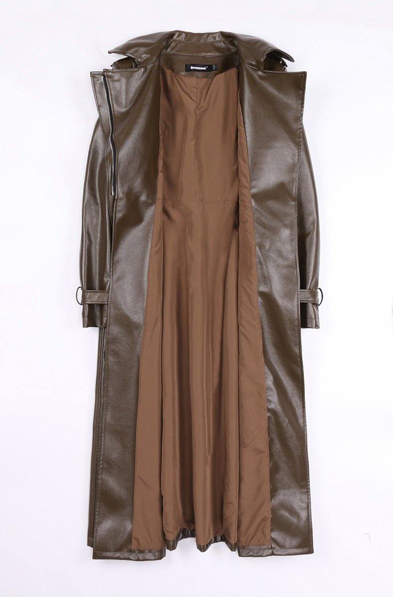 Spring Runway White Long Leather Trench Long Sleeve Elegant Luxury fashion Coats