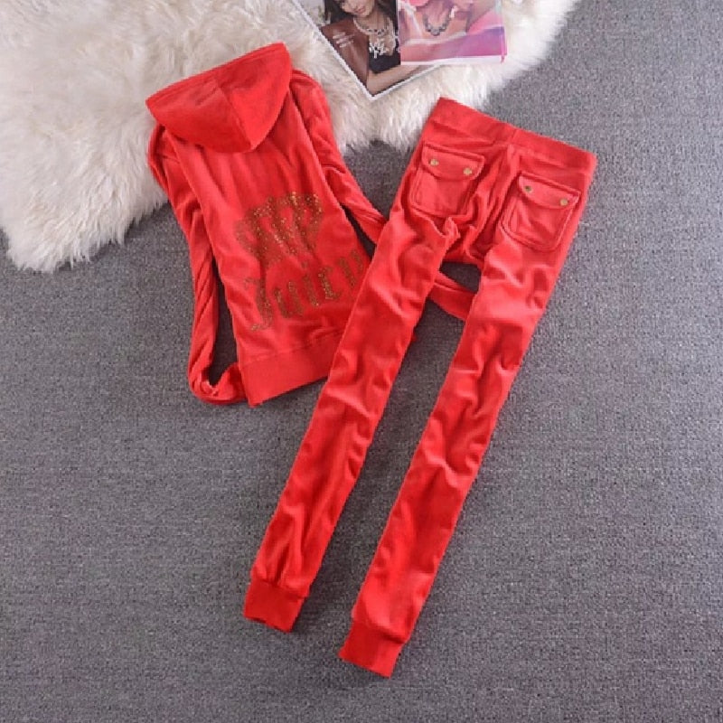2023 Women's Elegant Velvet Tracksuit Two Piece Set Women Sexy Hooded Long Sleeve Top And Pants Bodysuit Suit