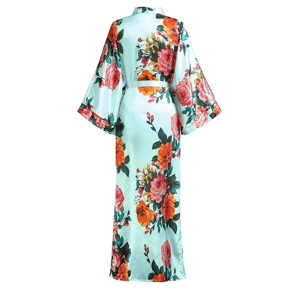 Sexy Lounge Casual Nightdess For Women Sleepwear Female Loose Print Flower Kimono Bathrobe Royal Blue Long Robe Gown With Belt