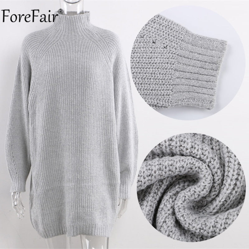 Forefair Turtleneck Long Sleeve Sweater Dress Women Autumn Winter Loose Tunic Knitted Casual Pink Gray Clothes Solid Dresses