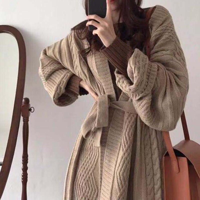 Sungtin Autumn Winter Long Twisted Knitted Cardigan Women with Belt Solid Oversize Casual Sweater Female Vintage Elegant Clothes