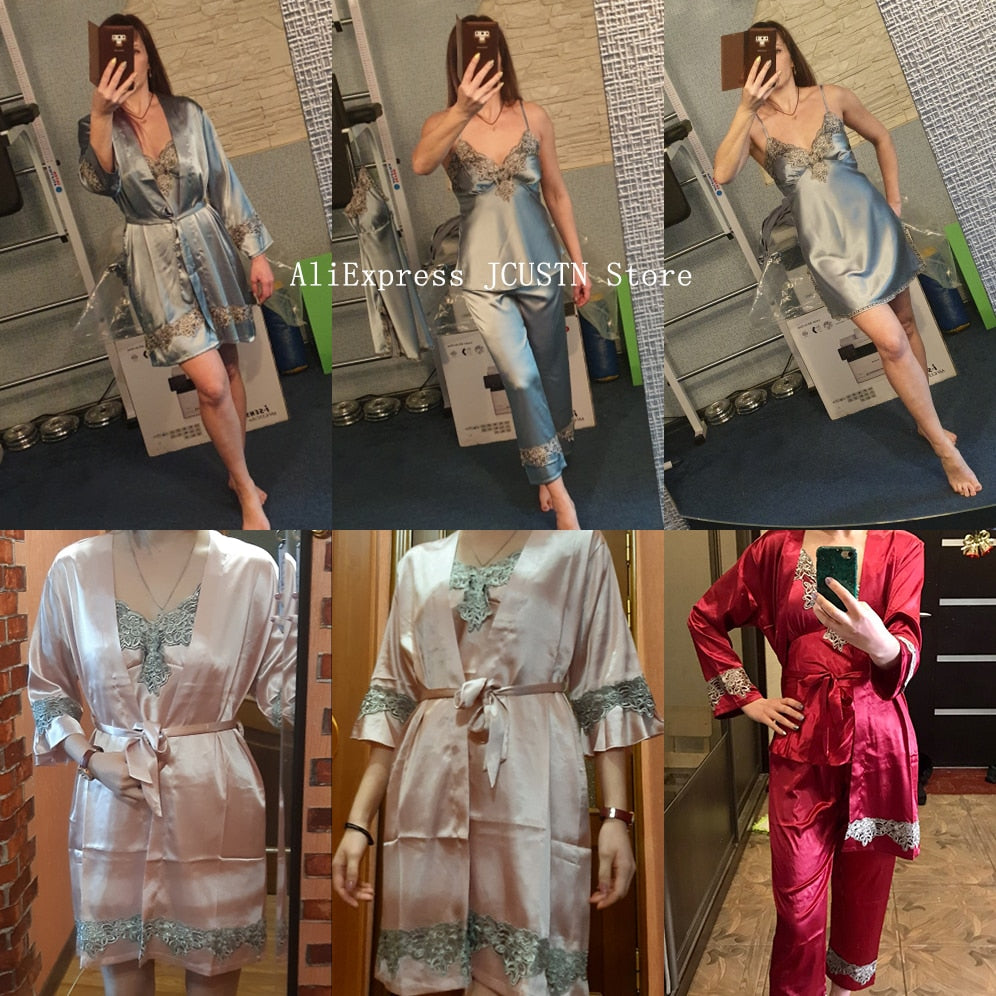 4PCS Satin Sleepwear Lady Pajamas Suit Nighty&Robe Set Sexy Intimate Lingerie Casual Bridal Wedding Gift Homewear Nightgown