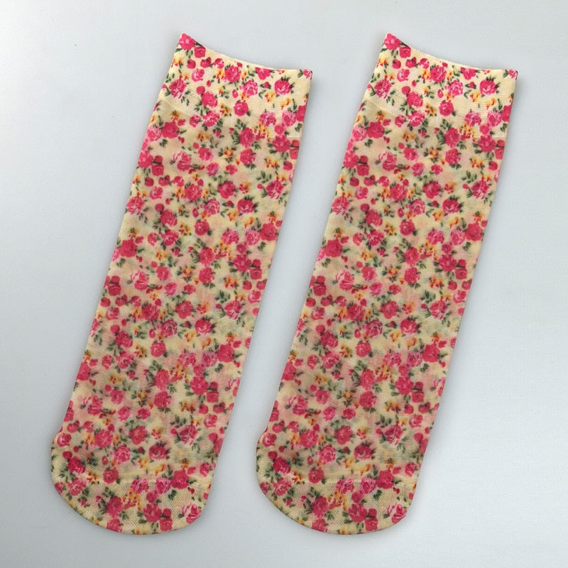 KASURE New Fashion Flower Butterfly Pattern Print Women Ankle Socks Elastic Spring Summer Soft Ladies Socks