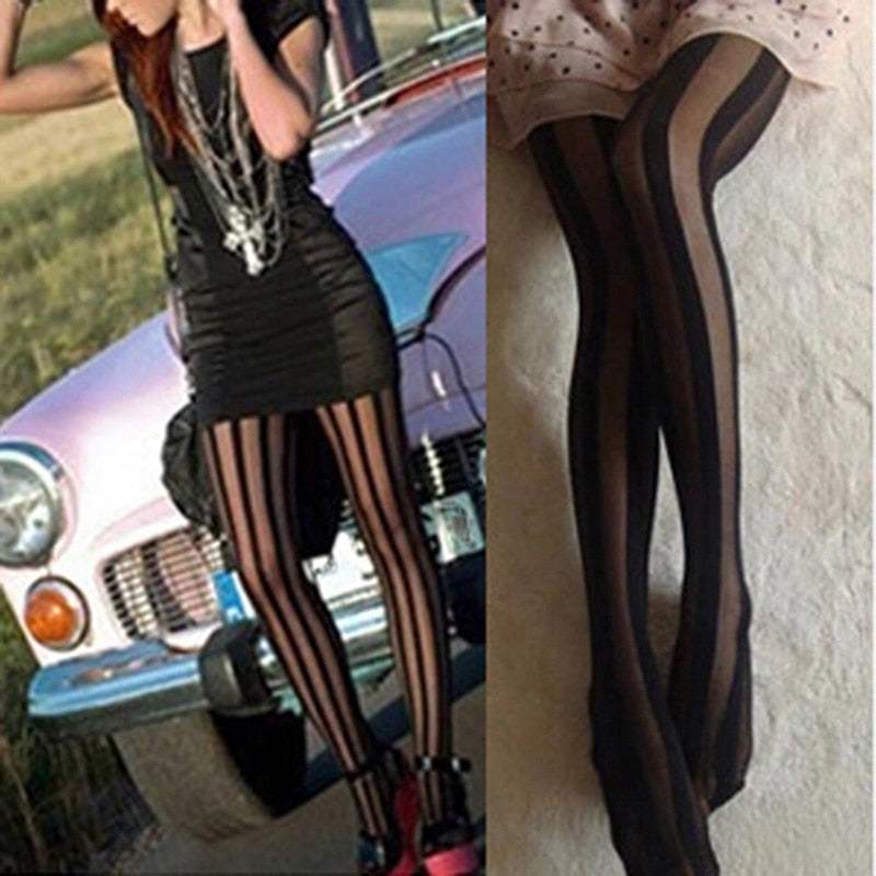Sexy Black Vertical Striped Tights Gothic Punk Stripe Tights Women Temptation Sheer  Suspender Tights Pantyhose Stockings