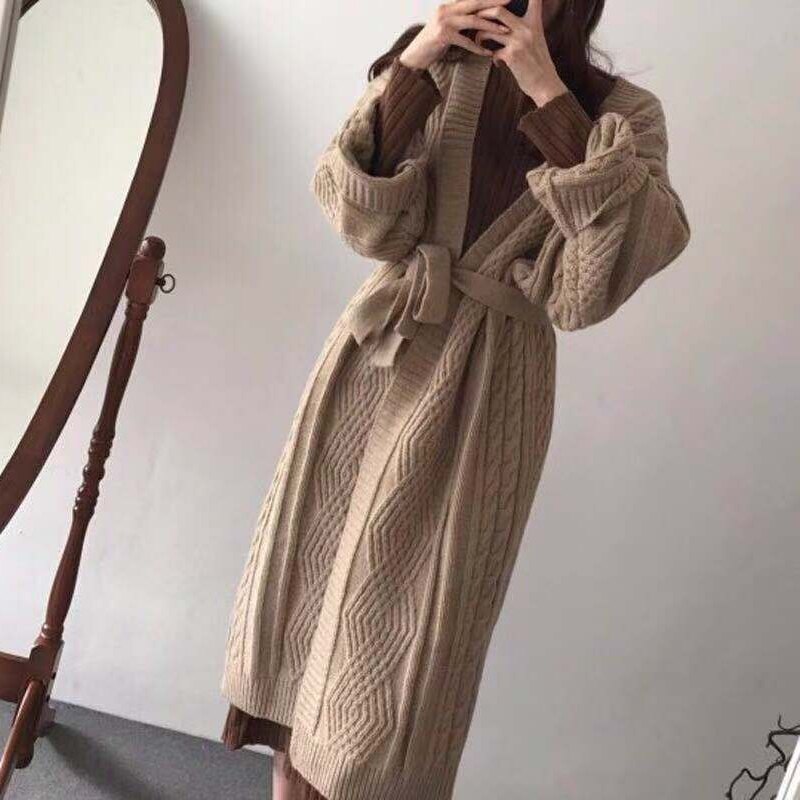Sungtin Autumn Winter Long Twisted Knitted Cardigan Women with Belt Solid Oversize Casual Sweater Female Vintage Elegant Clothes