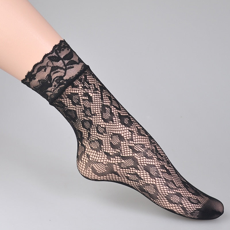 KASURE New Fashion Lace Plaid Mesh Ankle Socks Leopard Flower Pattern Fishnet Socks For Women Ladies