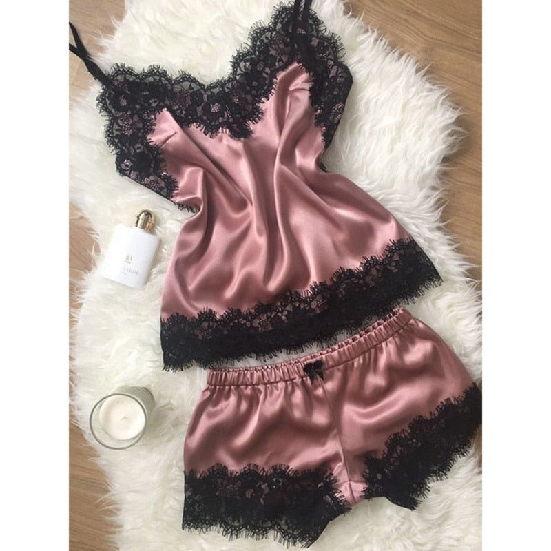 New Arrivals Sexy Lace Satin Pajama Sets Women's Sleepwear Sleeveless Tops+Shorts Sets Pyjama Sets For Women Pijama Nightwear