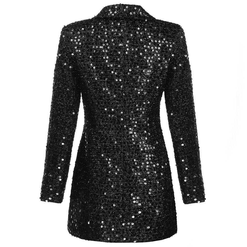 High Quality Fashion 2021 Designer Blazer Women Double Lion Buttons Shawl Collar Glitter Sequined Long Runway Black Blazers