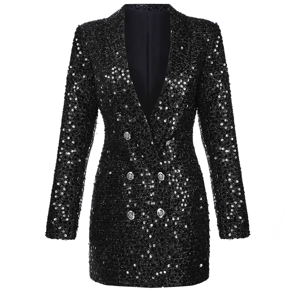 High Quality Fashion 2021 Designer Blazer Women Double Lion Buttons Shawl Collar Glitter Sequined Long Runway Black Blazers