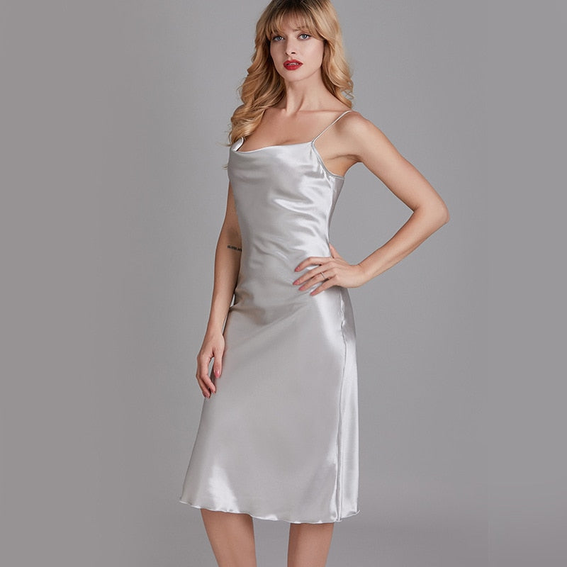 Silky Lady Nightdress Satin Spaghetti Strap Nightgown Intimate Lingerie Summer New Sleepwear White Nightwear Home Dressing Gown