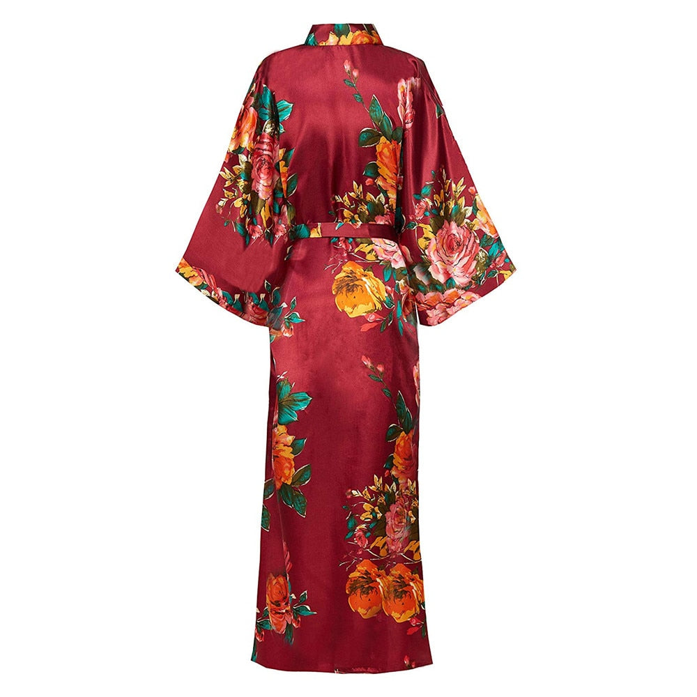 Sexy Lounge Casual Nightdess For Women Sleepwear Female Loose Print Flower Kimono Bathrobe Royal Blue Long Robe Gown With Belt
