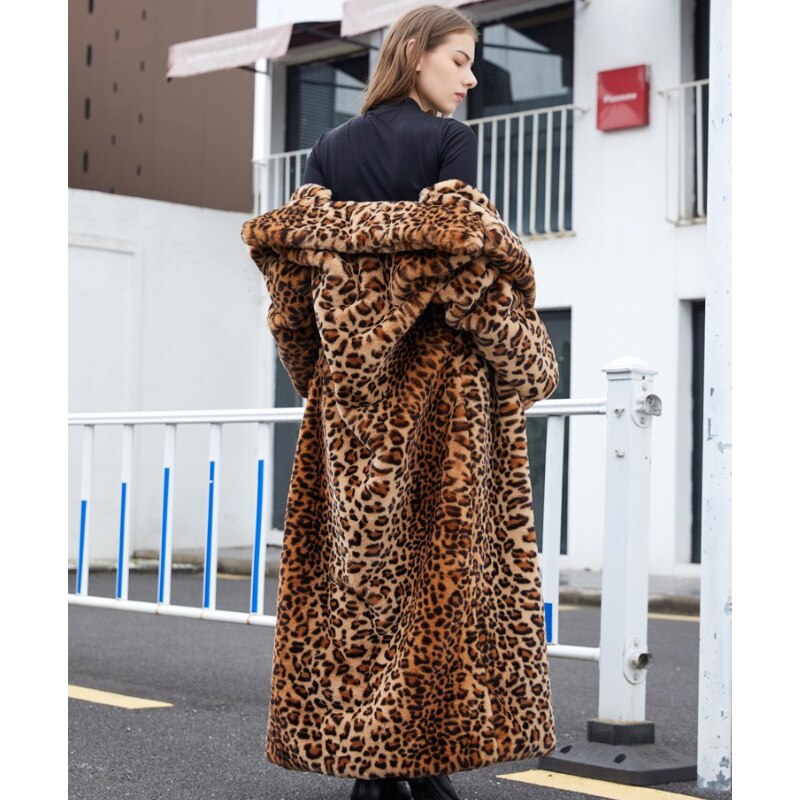 Leopard Print  Faux Fur Long Coats for Women 2021 Winter Faux Rabbit Fur Plush Coats Fashion Warm High Street Fuzzy Outwear