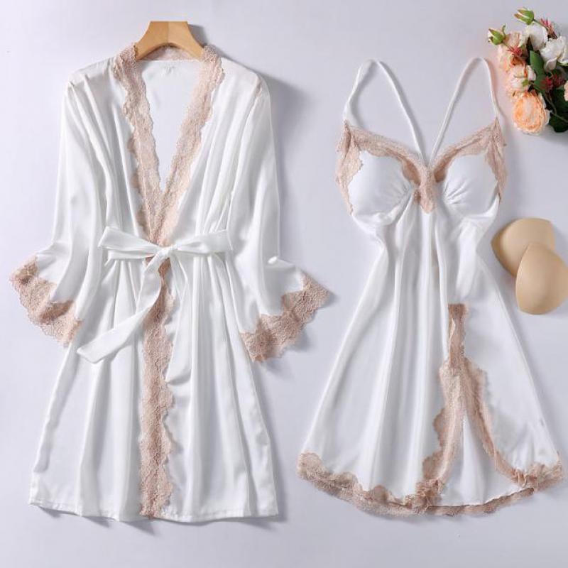 Satin Robe Set Sexy Female Sleepwear Summer Kimono Bathrobe Lace Trim Bride Bridesmaid Dressing Gown Casual Nightgown