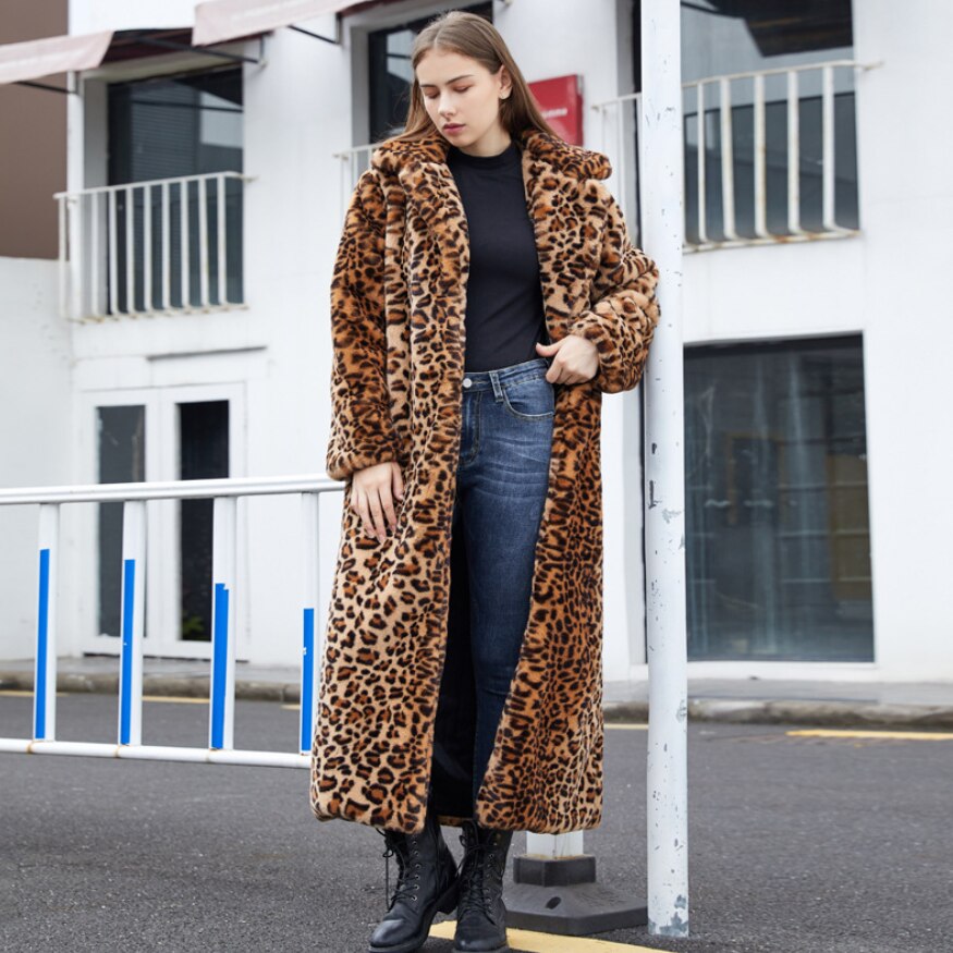Leopard Print  Faux Fur Long Coats for Women 2021 Winter Faux Rabbit Fur Plush Coats Fashion Warm High Street Fuzzy Outwear