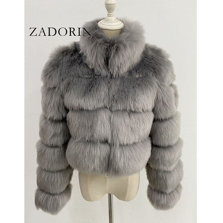ZADORIN New Fashion Short Winter Faux Fox Fur Coat Women Luxury Stand Fur Collar Thick Warm Furry Jacket Faux Fur Cropped Top