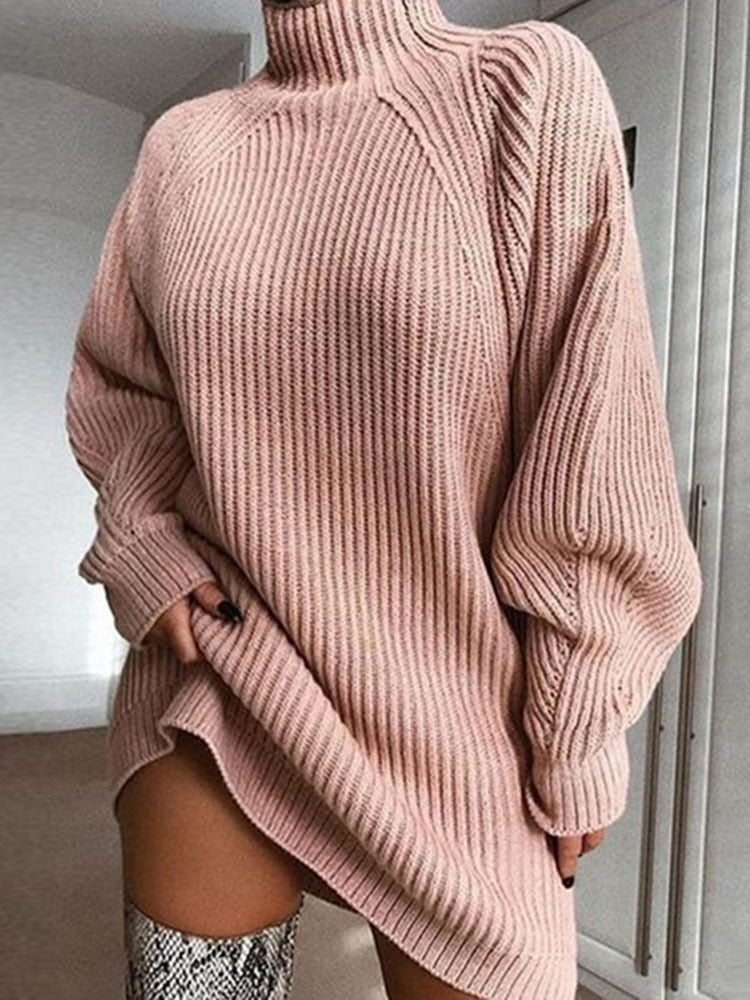 Women Turtleneck Oversized Knitted Dress Autumn Solid Long Sleeve Casual Elegant Mini Sweater Dress Winter Clothes