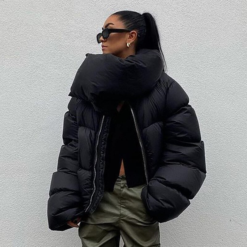 Winter Oversized Black Bubble Coats Women 2022 Fashion Zipper Scarf Collar Puffer Short Jackets High Street Outwear Casual Parka