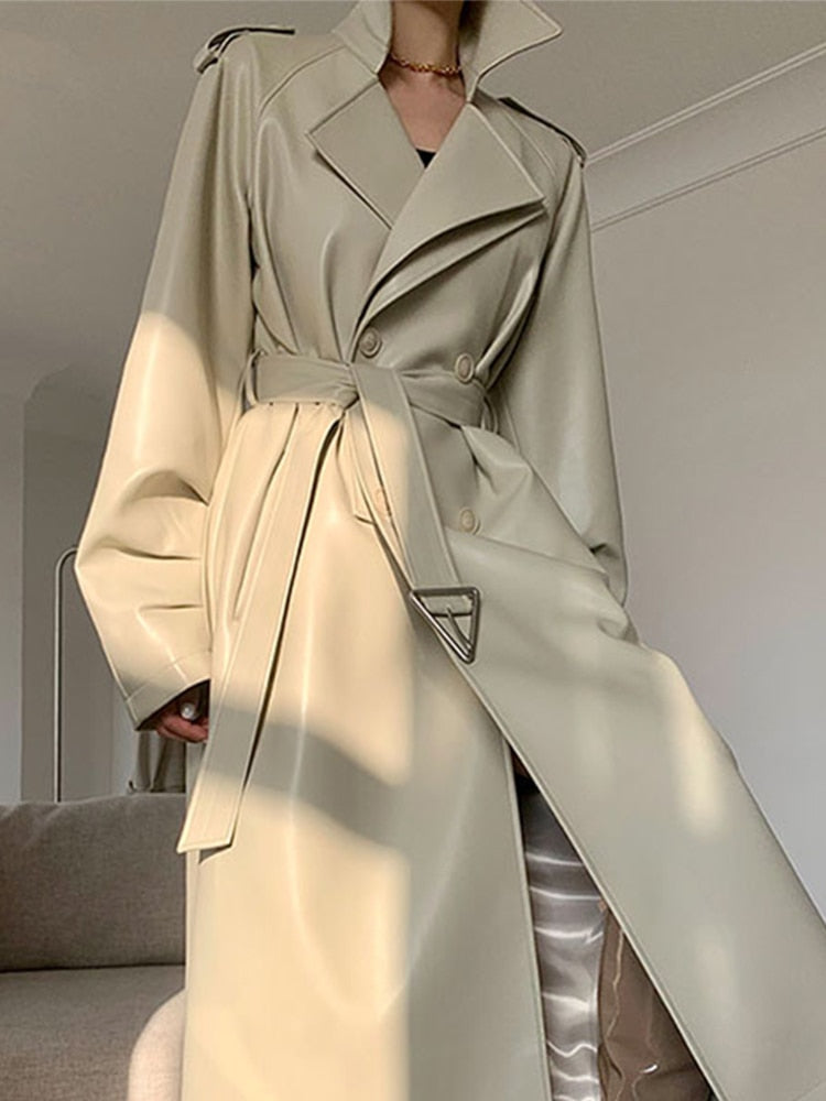 Lautaro Spring Autumn Long Faux Leather Trench Coat for Women Belt Double Breasted Luxury Elegant Fashion 2022