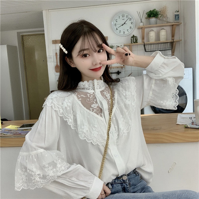 Spring Sweet Loose Women Clothes Korean Ruffled White Blouse Fashion Stand Collar Lady Tops Vintage Long Sleeve Lace Shirt 11335