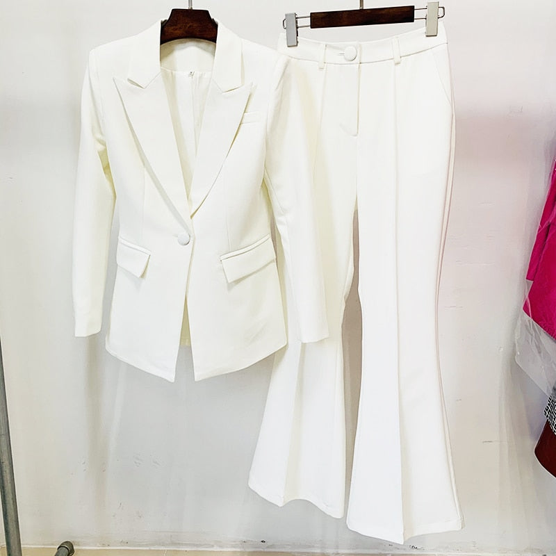 HIGH QUALITY Newest 2023 Runway Designer Suit Set Women's Career Single Button Blazer Jacket Flare Pants Suit 2pcs Set