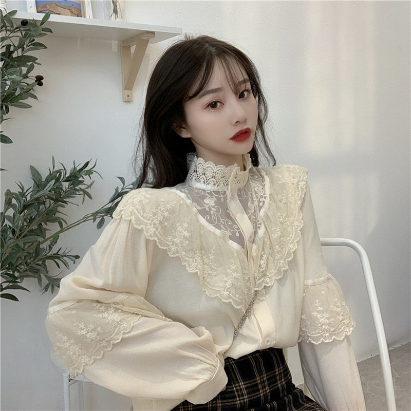 Spring Sweet Loose Women Clothes Korean Ruffled White Blouse Fashion Stand Collar Lady Tops Vintage Long Sleeve Lace Shirt 11335