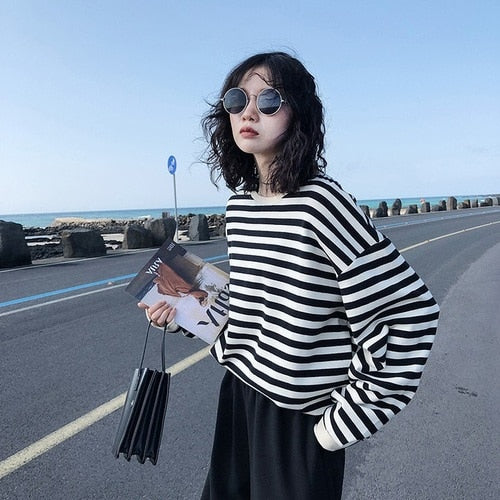 Hoodies Women Harajuku Gothic stripe cotton Hoodie Clothes 2022 Autumn long sleeve loose Kawaii Korean thin Sweatshirt kpop Tops