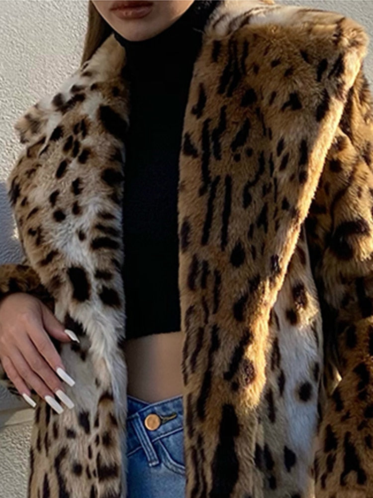 Lautaro Winter Long Warm Thick Leopard Fluffy Faux Fur Coat Women Tiger Print Runway Loose Luxury Designer Clothing Women 2022