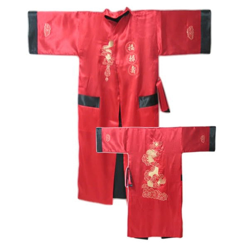 Novelty Reversible Black Red Women Satin Kimono Handmade Embroidery Dragon Nightgown  Robe Gown Two Side Sleepwear