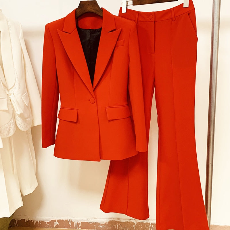 HIGH QUALITY Newest 2023 Runway Designer Suit Set Women's Career Single Button Blazer Jacket Flare Pants Suit 2pcs Set