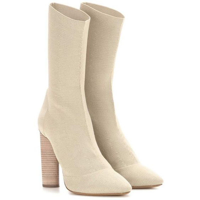 Knit low boots Stretch fabric Slip on pointed toe boots