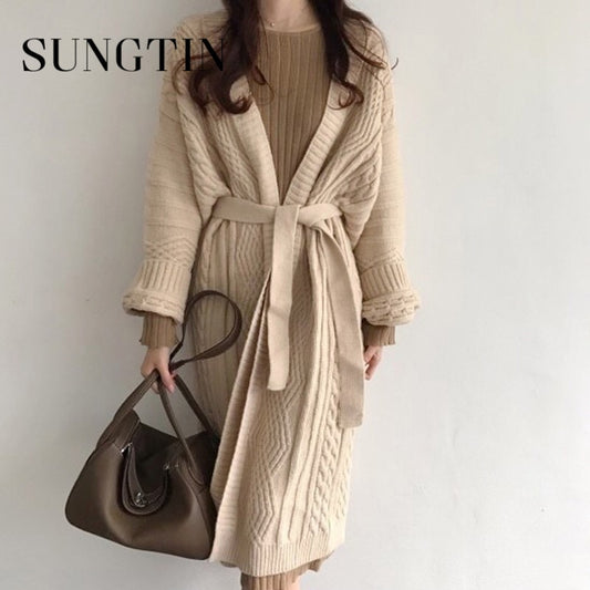 Sungtin Autumn Winter Long Twisted Knitted Cardigan Women with Belt Solid Oversize Casual Sweater Female Vintage Elegant Clothes