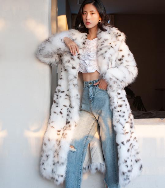 New White Leopard Printing Double Faced Fur Women Coat Long Lapel Street Fashion Winter Warm Faux Fox Fur Coat Female Y739