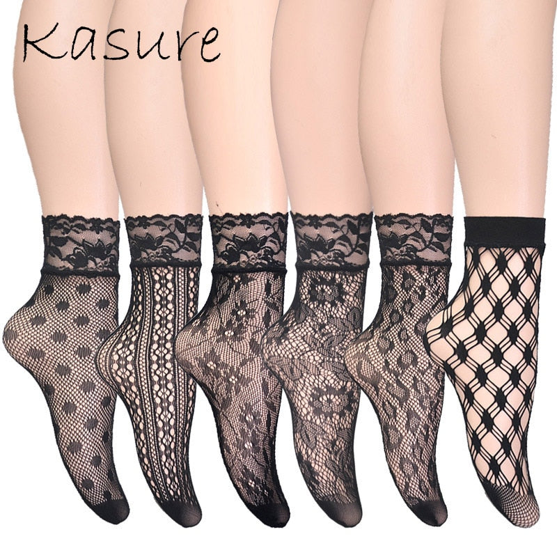 KASURE New Fashion Lace Plaid Mesh Ankle Socks Leopard Flower Pattern Fishnet Socks For Women Ladies