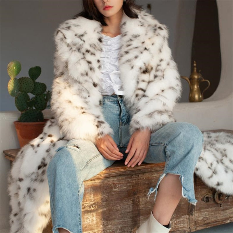 New White Leopard Printing Double Faced Fur Women Coat Long Lapel Street Fashion Winter Warm Faux Fox Fur Coat Female Y739