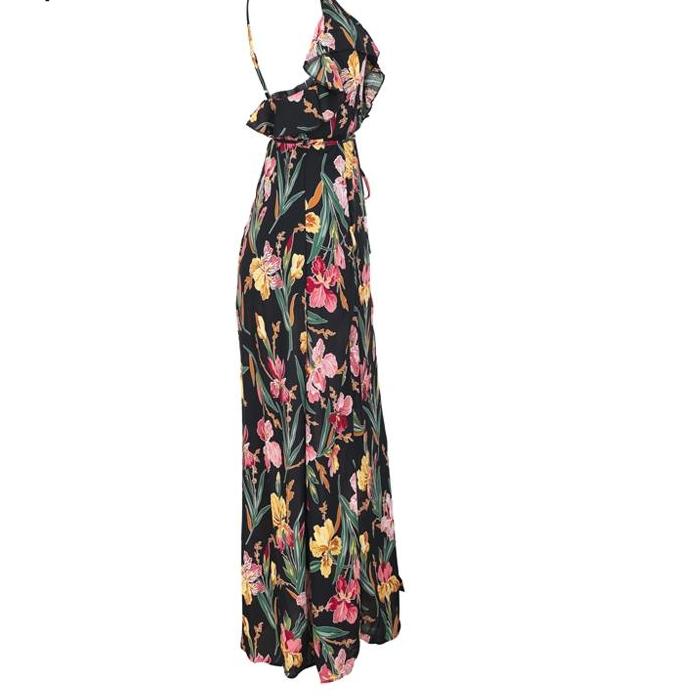 Backless Boho Split V neck ruffle floral print summer Maxi Long dress