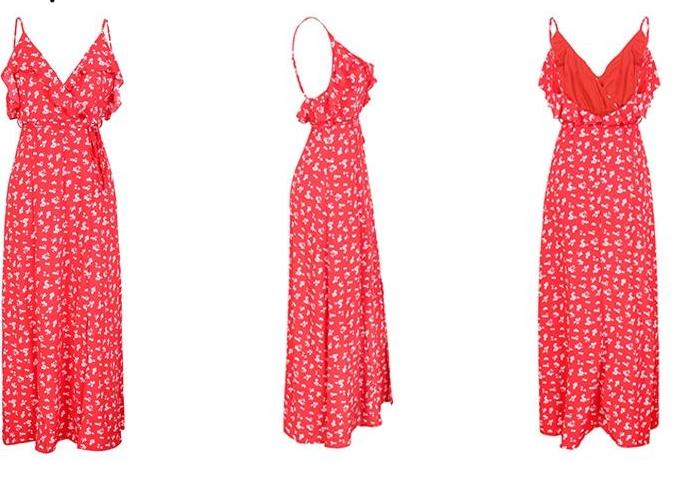 Backless Boho Split V neck ruffle floral print summer Maxi Long dress