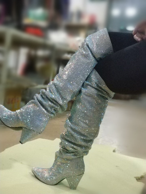 Crystal Pointy Toe Knee High Rhinestone Boots
